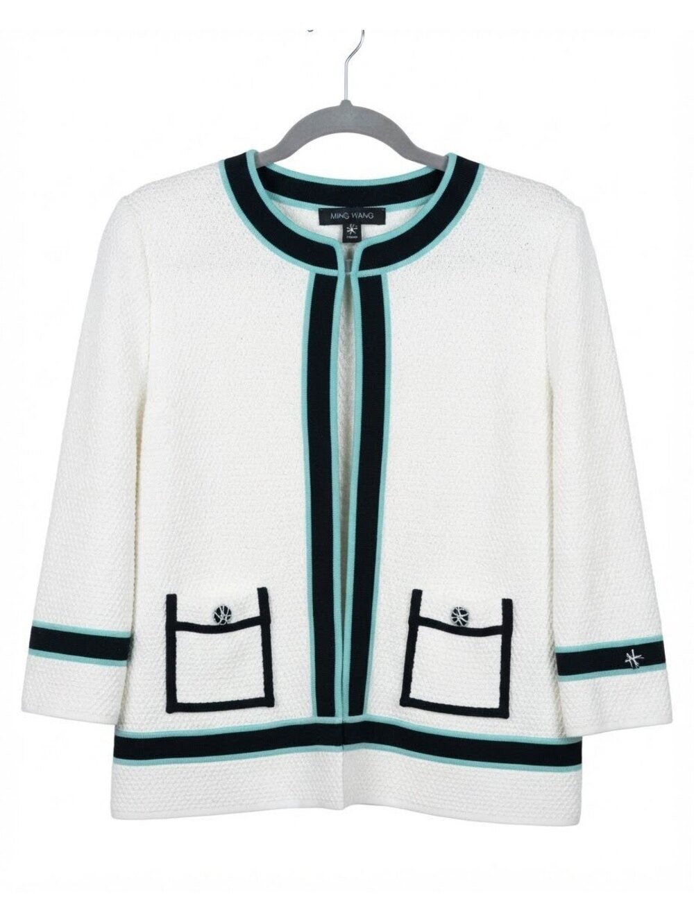 Ming Wang Knit Cardigan Jacket Medium White Black Aqua Trim Pocket Open Front
